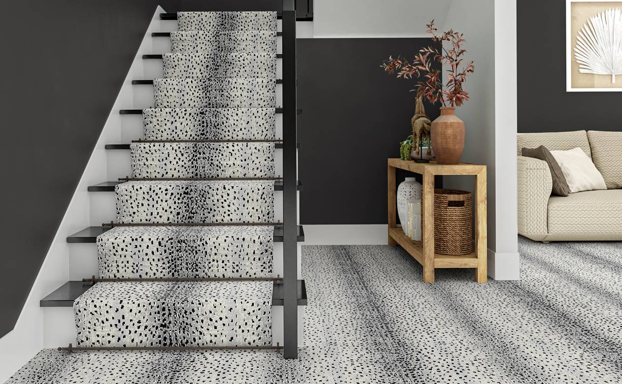 animal print runner on stairs